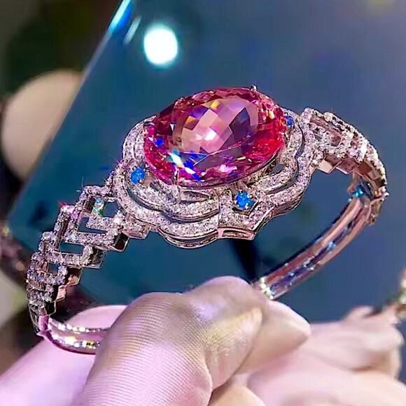 Unique Platinum Zircon Pink Morganite Bangle Bracelet - Picture 3 of 5